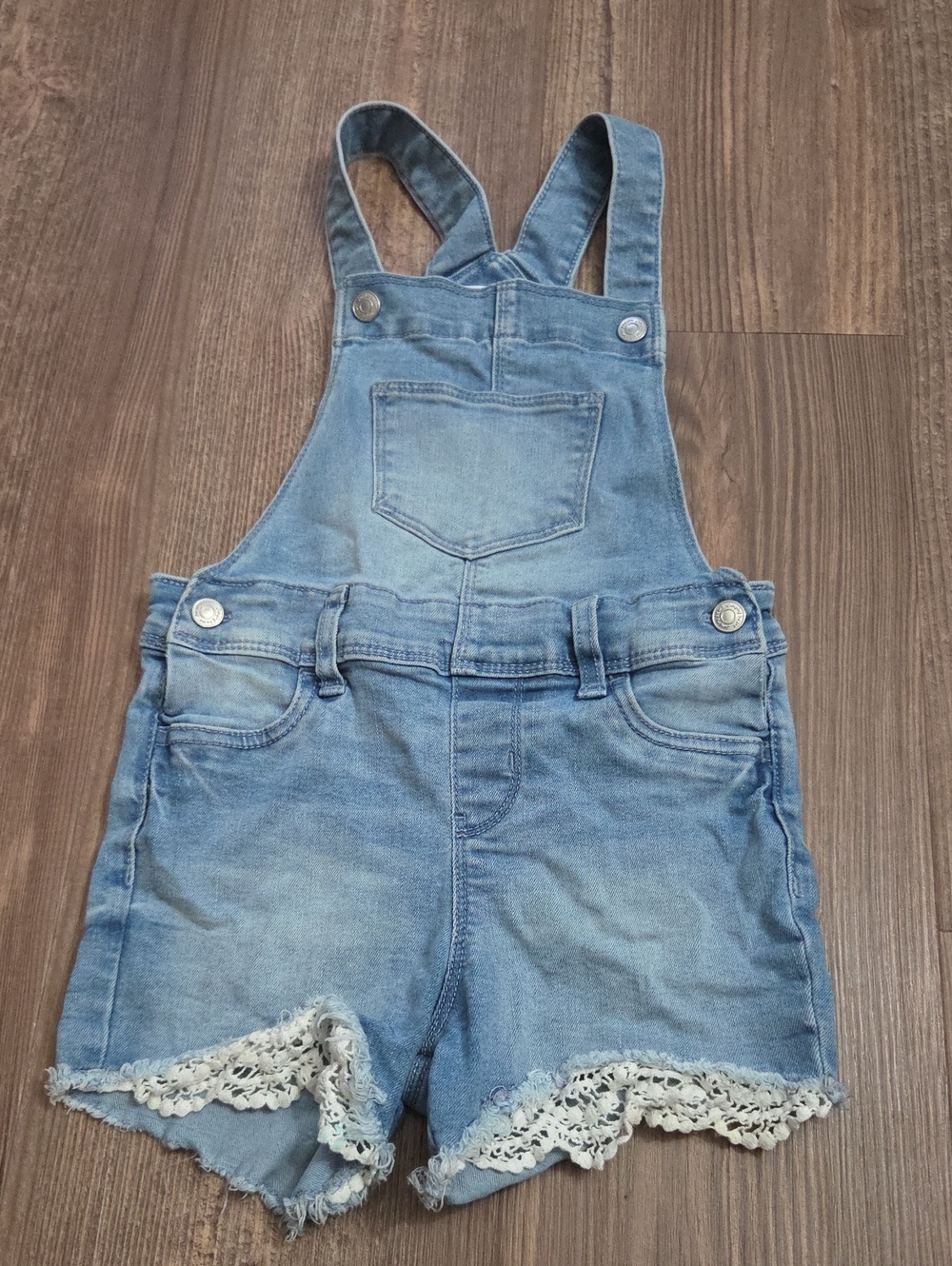 Denim Blue Lace Trim Girls' Short Overalls